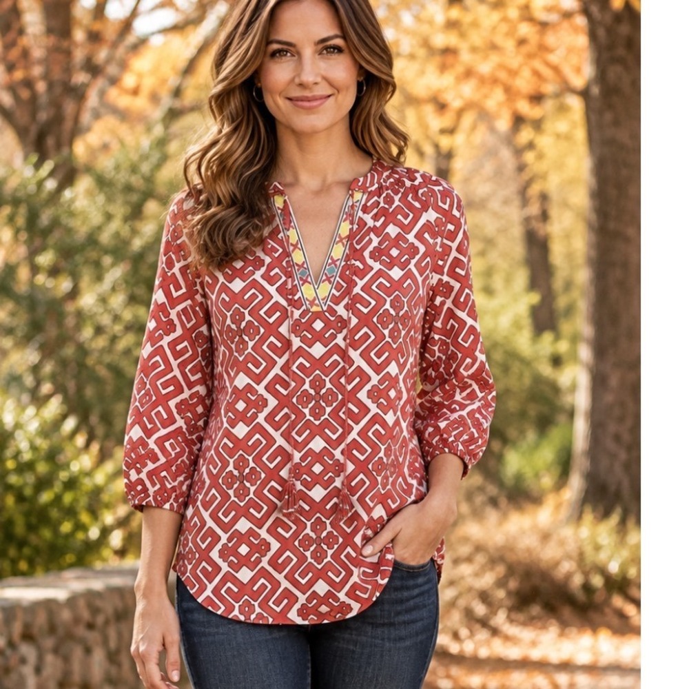 Crown & Ivy Shirt Size S Coral Peasant 3/4 Sleeve Tunic Cottage Core‎ Coastal